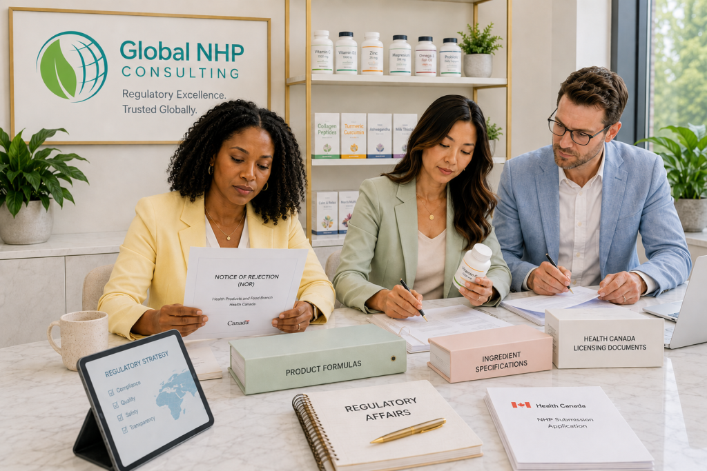 Regulatory consultant reviewing a Natural Health Product application for Health Canada licensing compliance